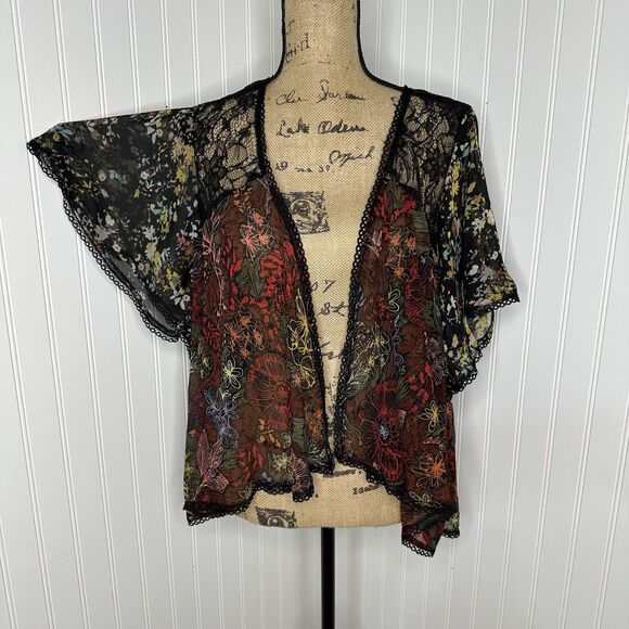 Fig And Flower Sheer Cardigan Top L Black Floral Flutter Sleeve Whimsigoth Fairy - Picture 13 of 14